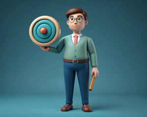 3d illustration. corporate memphis style. plasticine. man with a dart wants to hit the target. full length. minimalism.
