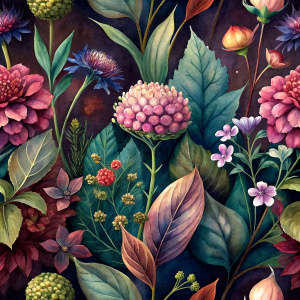 DARK BROWN  background botanic  , watercolor image with dark brown   background , brown  VIBURNUM  , CRASPEDIA ,  ,anemone ,hollyhock ,orchid ,CORTADERIA ,BRASSICA,DAUCUS ,snapdragon,celosla,gladiolus,vinca , achillea   ,astrantia ,LATHYRUS,  achillea, physalis , watercolor, dark brown  background FOR WRAPPING PAPER
