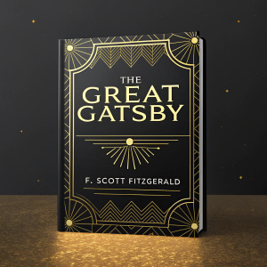 In a digital library, the cover of 'The Great Gatsby' by F. Scott Fitzgerald stands out. Black background with gold edges