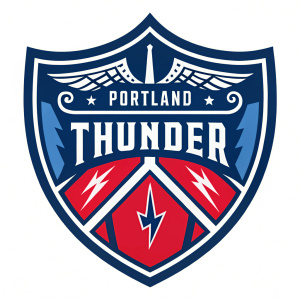 The official logo for the Portland Thunder. Bold shield design, featuring blue and red hues. Modern take on traditional heraldry, perfectly suited for a sports team.