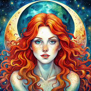 Heavily Freckled faced lady with long red hair sitting on the crescent moon