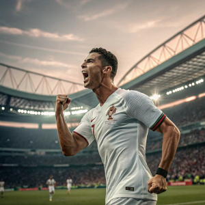 Cristiano Ronaldo, posing energetically with pumped muscles, intense stare. Shot at stadium during match day
