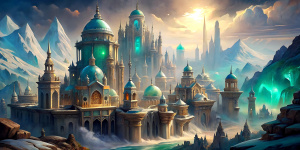 Old European city centre with a large beautiful marble palace with towers and spires, encrusted with shining emeralds and chased in gold. Streets with rows of old marble buildings are radiating outward from the palace.