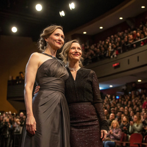 Vera Farmiga and Renn Hawkey, gracing the stage at the Sundance Film Festival. Both dressed in formal attire. Crowd visible in background