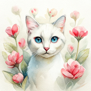 realistic bigeye white cat , red flower garden