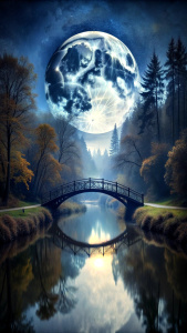 full moon,  old bridge forest still water, dark night midnight  dark moon