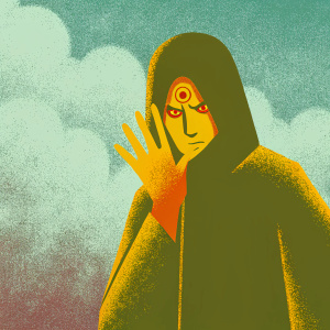 Nagato from Naruto series. Wearing dark cloak with Rinnegan eyes, dramatic pose, hand in front of face. Purple and dark background, digital art style