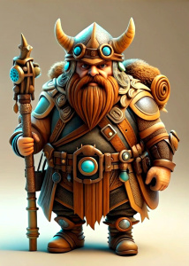 A viking-like character with a large helmet, armor, and a backpack full of gears and gadgets. He is holding a staff and has a blue background.