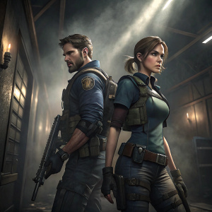 3D render of Chris Redfield and Jill Valentine from Resident Evil. They stand in a dimly lit, smoke-filled room with shadows casting dramatic effects. Both characters are equipped with combat gear and advanced weaponry, ready for action.