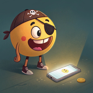 Cartoony character, resembling an emoji with a smile and pirate eye patch, next to a glowing smartphone screen.