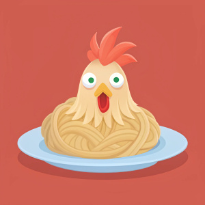 illustration of chicken with goofy face expression in plate of spaghetti