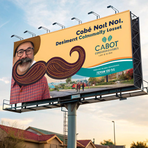 Creative billboard ad for Cabot Noi Credit Union featuring a large mustache design. Promotes local ownership and community involvement, targeting residents of Pampa, Texas. Bright, colorful, and eye-catching design.