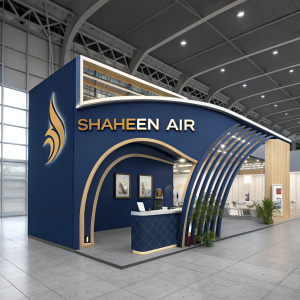 Modern, sleek architectural design for Shaheen Air. Blue and gold color scheme. Prominently features the Shaheen Air logo. Innovative structure with arches and curves. Indoor exhibition space.