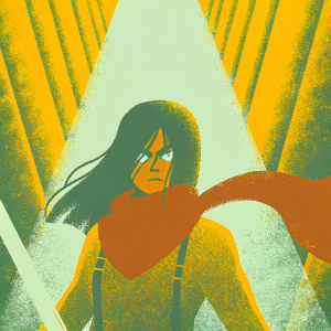 Mikasa Ackerman, dynamic and determined, long dark hair, green eyes glowing in dark alley, surrounded by neon lights
