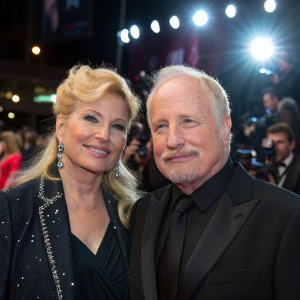Richard Dreyfuss and Svetlana Erokhin at a film festival. Richard has stubble and a strong jawline. Svetlana is smiling warmly. Crowds and flashing lights in background.