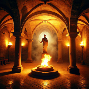 cinematic still ,dark underground room with contour light, renaissance statue on fire, in renaissance style