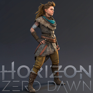 Digital 3D rendering of a young Aloy. Rough clothing, tousled hair. Dark grey background with Horizon Zero Dawn logo.