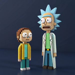 3D illustration of Rick and Morty characters. Pixel art style. Dark blue background, detailed expressions, close-up