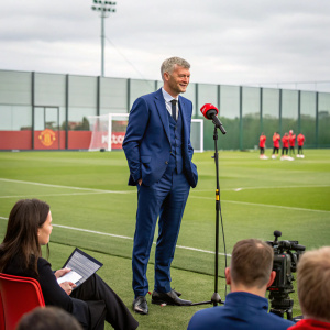 Ole Gunnar Solskjær, in a blue suit, addressing the press conference at Manchester United's training ground.