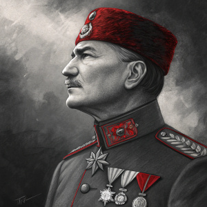 Digital illustration of Mustafa Kemal Atatürk. Dramatic grayscale portrait with bold red accents for emphasis. Moody, shadowy background.