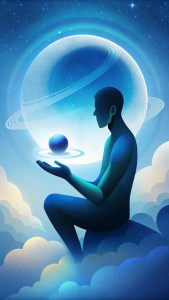 the alone depressive man silhouette sitting on the palm of God's hand. there is big hologramic planet in background