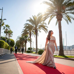 Aishwarya Rai Bachchan, Indian actress, at the Cannes Film Festival. Strolling on a sunny boulevard with palm trees and red carpet.
