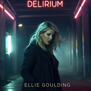 Album cover for 'Delirium' by Ellie Goulding. Dark and moody setting, with glowing neon lights in the background