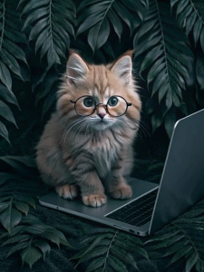Meme with happy fluffy ginger tiny bitchy kitten with glasses is working on big laptop  on the green  background with leaves and plants side view
