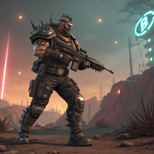 3D render of Goliath Badass from Borderlands 3. Wields an assault rifle, armored with spikes. Stylized sci-fi landscape background