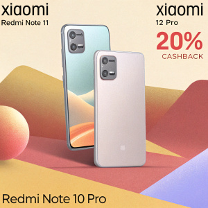 Digital ad showcasing latest Xiaomi smartphones with vibrant visuals. Redmi Note 11, Xiaomi 12 Pro, and Redmi Note 10 Pro displayed. 20% cashback offer highlighted. Futuristic design.