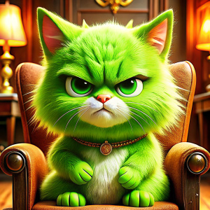 An angry and grumpy bright green cat with big ears, eyebrows and a tuft of hair sits in a chair, raises his paw and wants to hit someone. The creature's facial expression expresses discontent and anger. It seems that the scene is in a room with a warm, welcoming atmosphere.