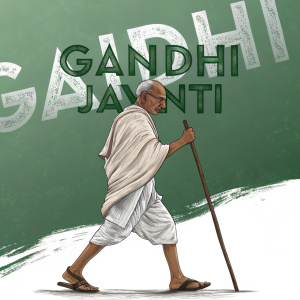 Digital art featuring Mahatma Gandhi. He is walking with a walking stick. Bold green background with 'Gandhi Jayanti' written in large letters.