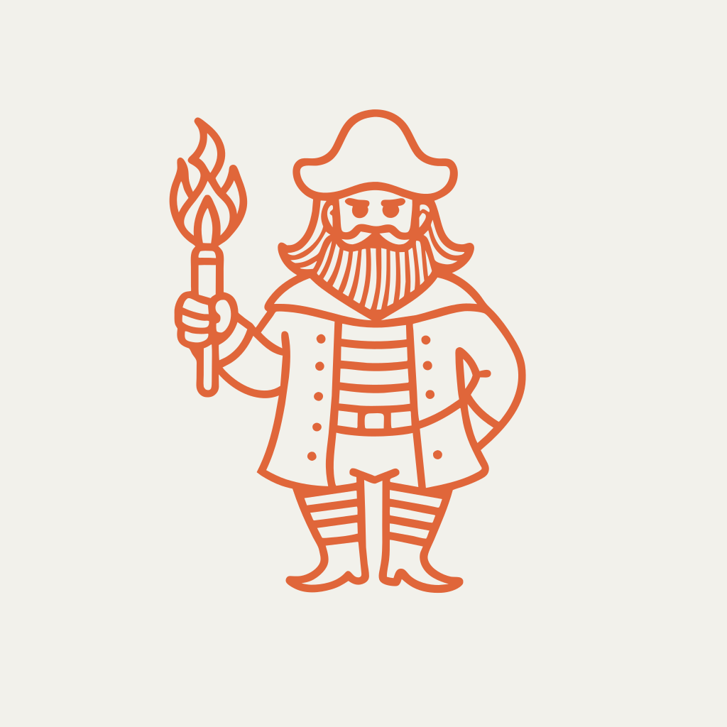 50s Vintage mascot of Pirate Captain holding fire stick