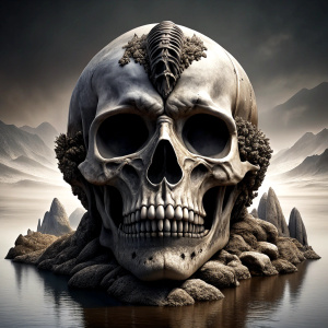 skull island tattoo design - perfect realistic art - high-definition - grey and black - white background 