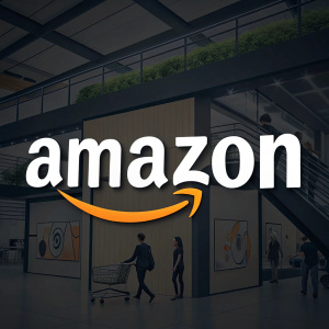 Amazon's logo, stylized font with orange angled line, on dark background. Focusing on design and branding.