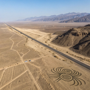 Drone footage showcasing the intricate spider geoglyph among the Nazca Lines in the Nazca Desert, Peru.