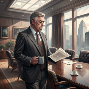 Carlo Ancelotti, standing in a luxurious boardroom, with a stack of papers and a coffee mug. Professional office setting.