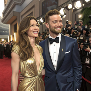 Justin Timberlake and Jessica Biel, smiling at a Hollywood premiere. Justin in a navy blue tuxedo, Jessica in a gold, floor-length gown. Crowded red carpet, flashing cameras.