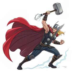 Thor from Marvel Comics, dynamic pose, muscular build, determined expression, wielding large hammer, in color illustration