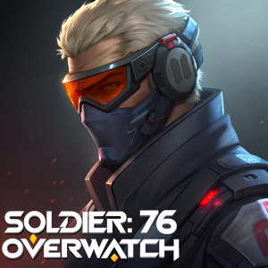 A detailed close-up of Soldier:76 from Overwatch. His face is partially obscured by a futuristic visor. Standing in front of a sleek, dark background with the Overwatch logo prominently displayed.