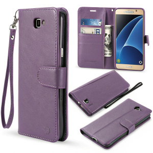 Variety of Samsung Galaxy J7 V phone cases showcased. Stylish purple hue with wallet feature, complete with flap and strap.