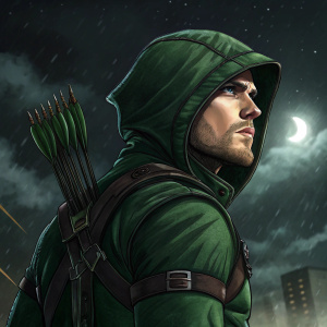 Oliver Queen, aka Green Arrow, with a bow drawn, ready to release. Dark and stormy night background, detailed depiction of his green outfit and quiver of arrows.