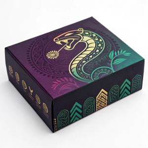 Jaguar Brujo packaging design. Dark box with purple and green gradient, snake graphic inspired by jaguar's pattern. Traditional South American art-style branding elements
