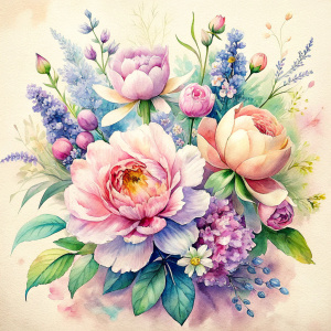 watercolor image ,Pink white Peonies Snowdrops, lobelia, clematis,salvia , carnation, Common Crape Myrtle., Ranunculus viburnum, wax flower, dandelion, geranium , watercolor , watercolor