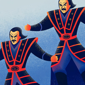 Digital painting of Shang Tsung from Mortal Kombat. The villain poses in various aggressive stances. Wears elaborate armor with red and black detailing.