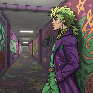 Dio Brando, from JoJo's Bizarre Adventure, standing in a bizarrely colorful hallway filled with abstract patterns and graffiti. He has a spiky green hairstyle, wears a purple and green outfit, and has distinctive earrings.