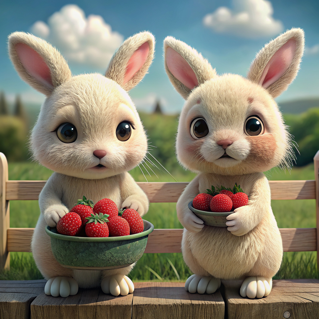 cartoon 2 little cute fluffy baby hare standing near the fence holding a plate with raspberries