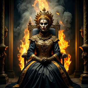 cinematic shot, dark dungeon, on the throne with contour lighting, queen,  golden face mask, smoke and fire around, renaissance style