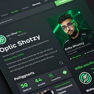 Screenshot of Optic Shotzzy's Twitter profile. Dark background with green highlights. Featured profile picture, enlarged display image, logos, text blurbs highlighting achievements and affiliations.