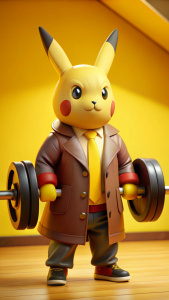 Pikachu in gym with yellow background, and red dumble, in brown jacket and black jeans